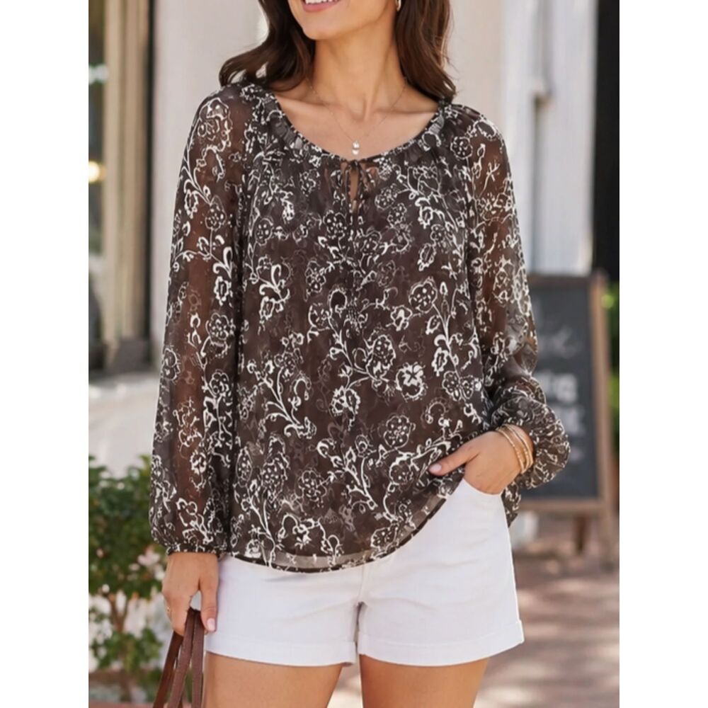 Ann Taylor LOFT Petites Floral Sheer Peasant Blouse Brown White Size 14P